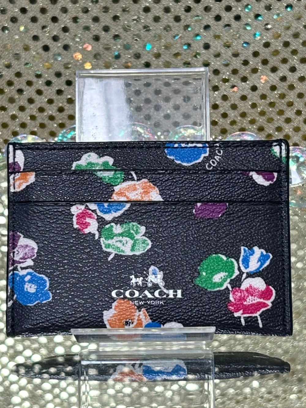 Coach Black Floral Pebbled Leather Card Sleeve Approx. 4 x 2.5 - Picture 1 of 11